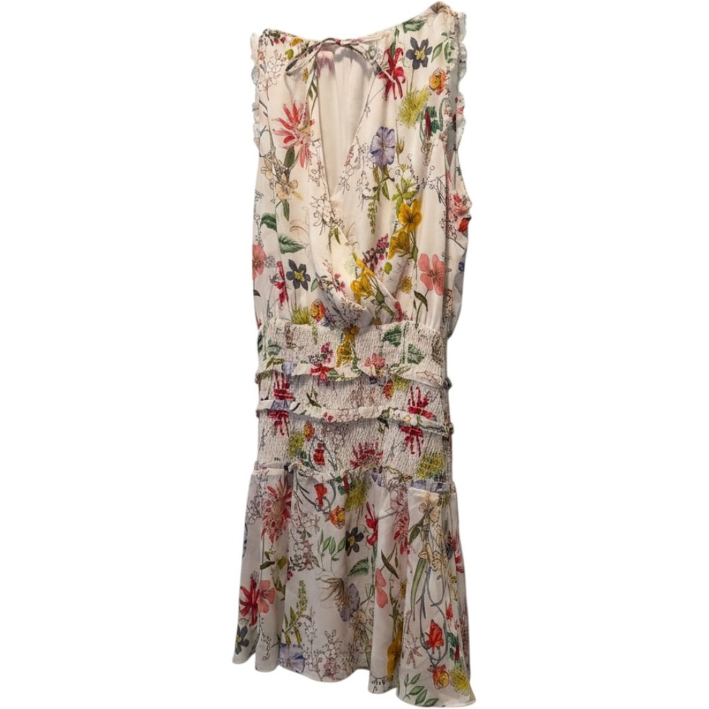 Parker Silk Floral Mini Dress White Medium Boho Smocked Summer Wedding Guest‎